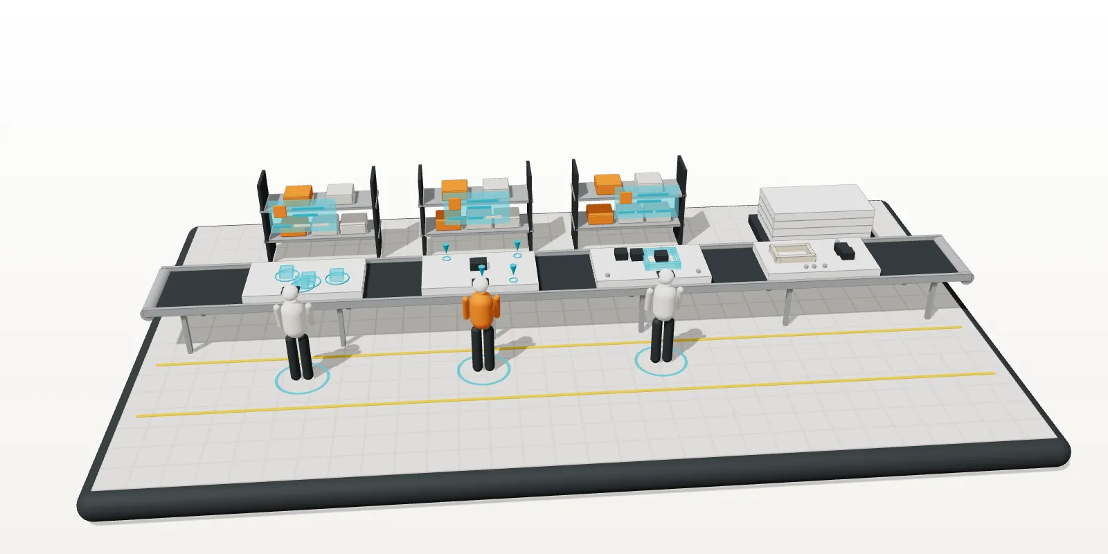 Maquette 3D d’une ligne de préfabrication : panneaux sur un convoyeur, opérateurs équipés de lunettes de réalité augmentée et consignes 3D affichées sur chaque pièce