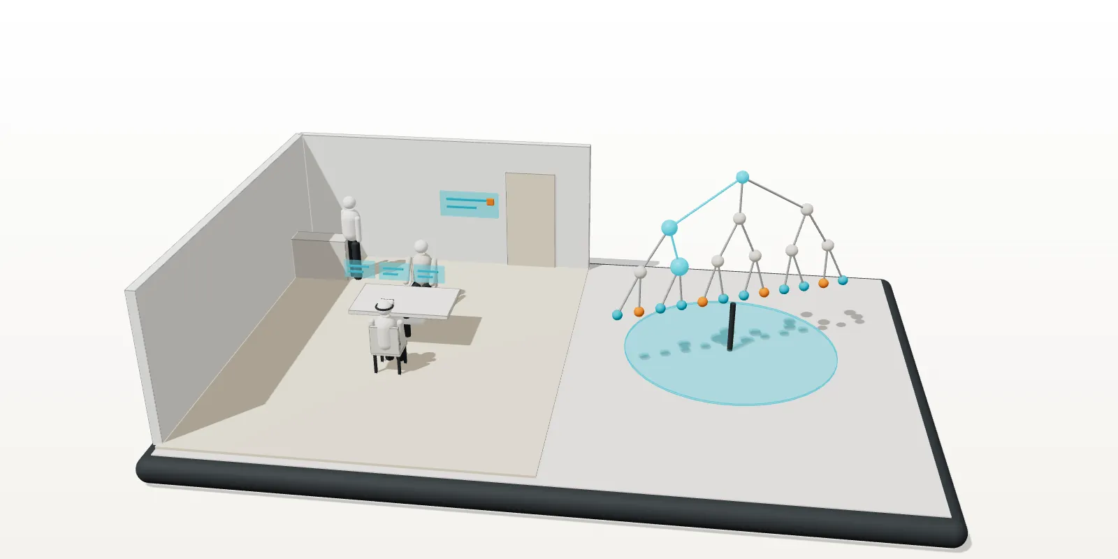 Maquette 3D d’une formation RH en réalité virtuelle : un entretien avec un personnage virtuel, des réponses à choisir et l’arbre des scénarios