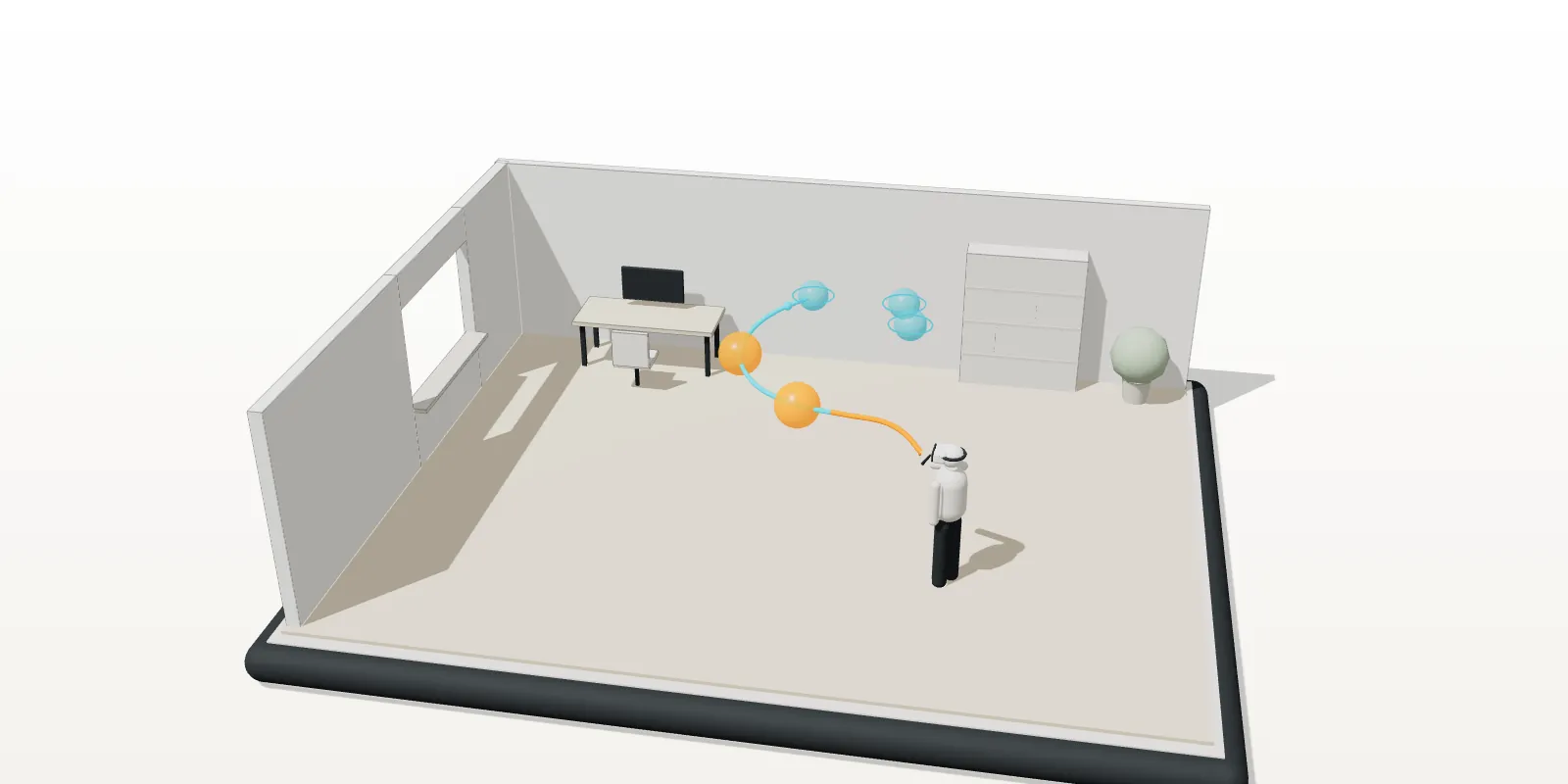 Maquette 3D de Mimical, jeu de dessin en réalité mixte : un trait tracé au stylet se prolonge seul et traverse des sphères flottant dans un bureau réel