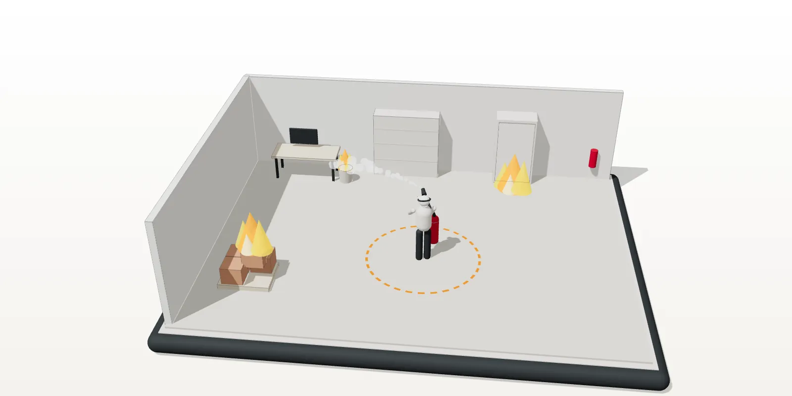 Maquette 3D d’une formation à l’extincteur en réalité mixte : départs de feu virtuels dans une pièce réelle et apprenant équipé d’un casque