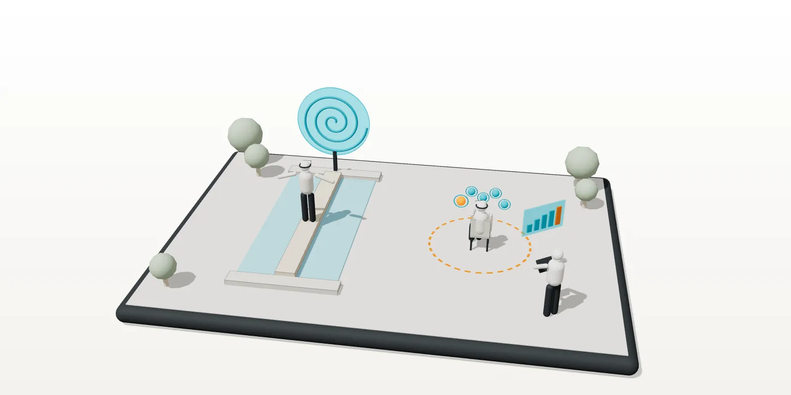 Maquette 3D d’exercices de rééducation en réalité virtuelle : poutre d’équilibre face à une spirale, exercice d’atteinte de cibles en position assise et kinésithérapeute