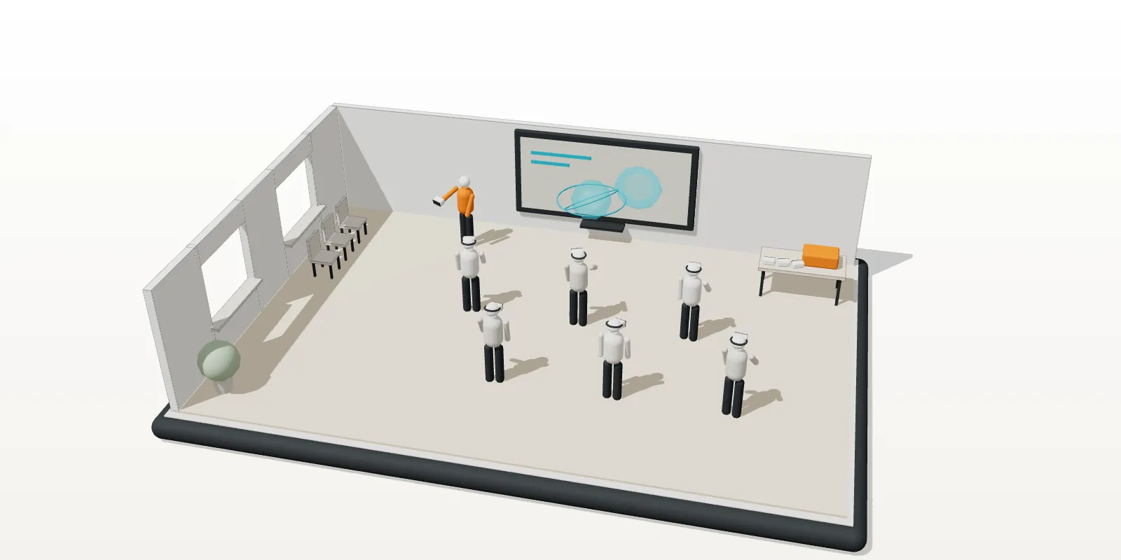 Maquette 3D d’un séminaire de découverte de la réalité virtuelle : une salle de réunion, l’animateur près de l’écran et chaque participant équipé d’un casque