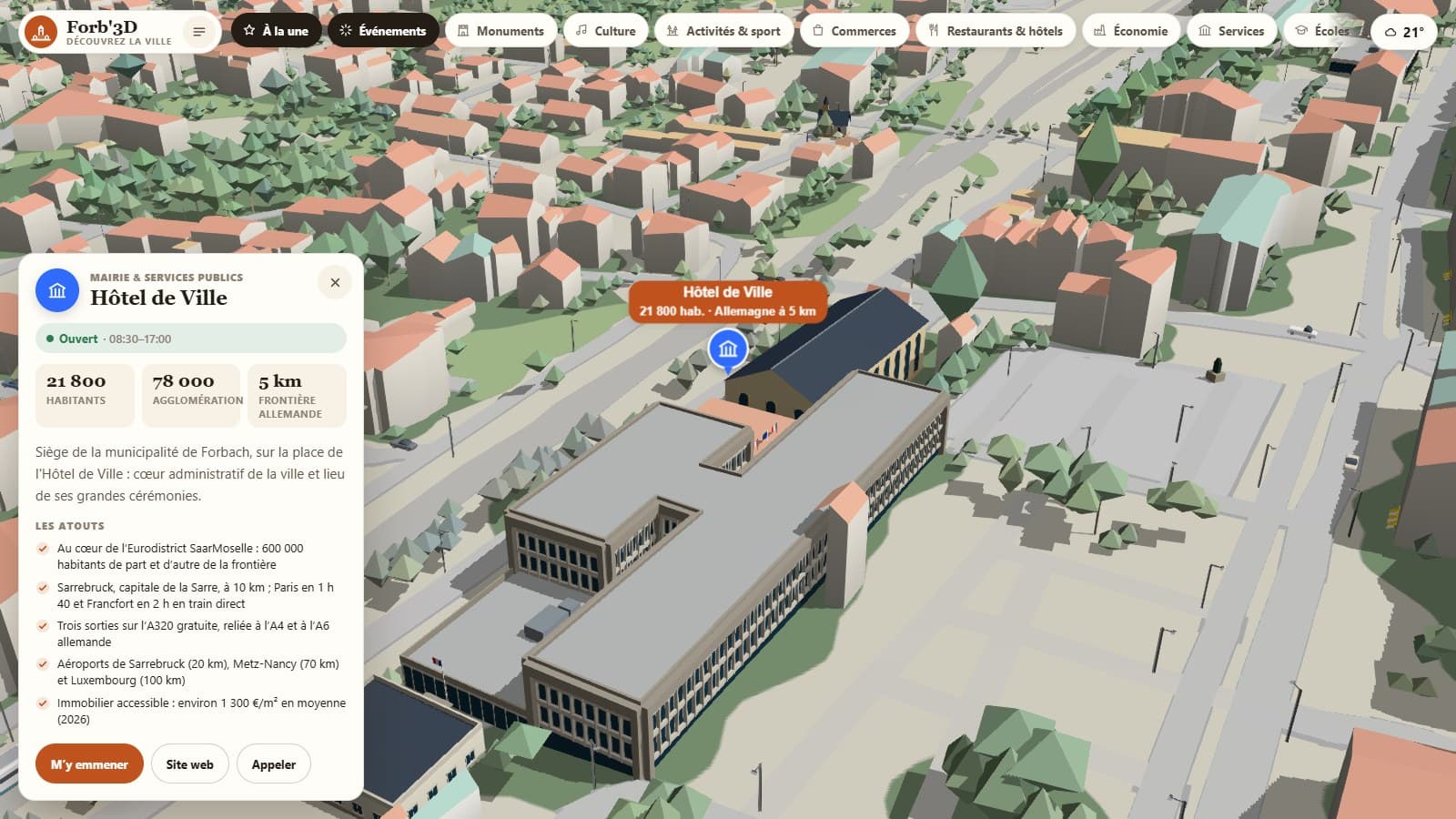 Fiche de l’hôtel de ville de Forbach ouverte dans la ville en 3D