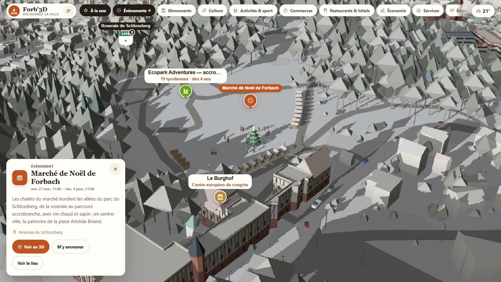 Marché de Noël de Forbach en 3D sous la neige, dans Forb'3D, le jumeau numérique de la ville