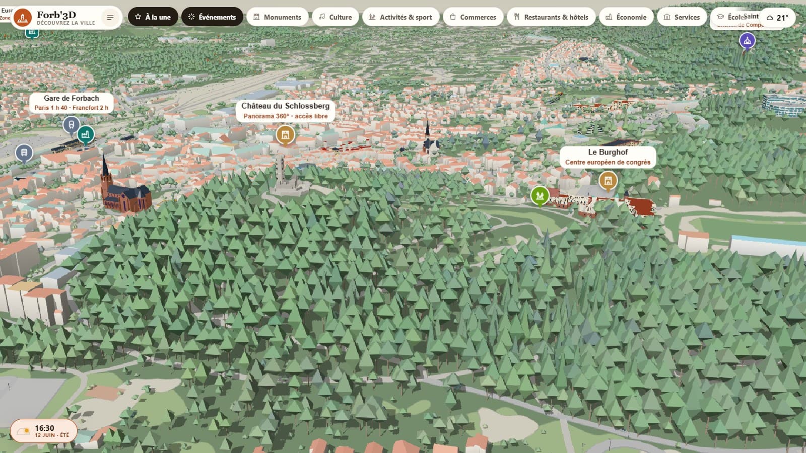 Panorama de Forbach en 3D depuis le Schlossberg : église Saint-Rémi, gare et Burghof