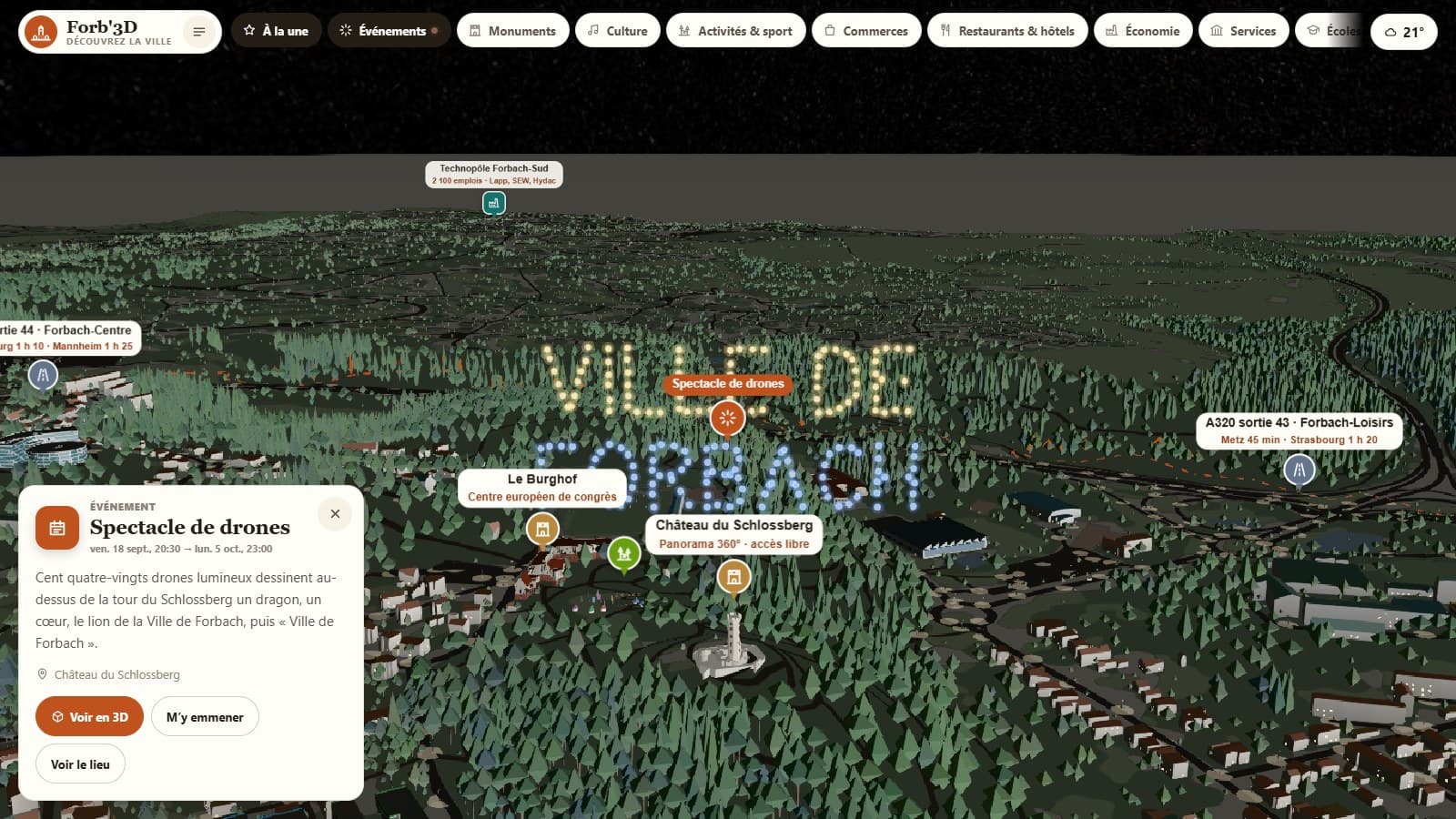 Spectacle de drones virtuel au-dessus du Schlossberg de Forbach, de nuit, en 3D
