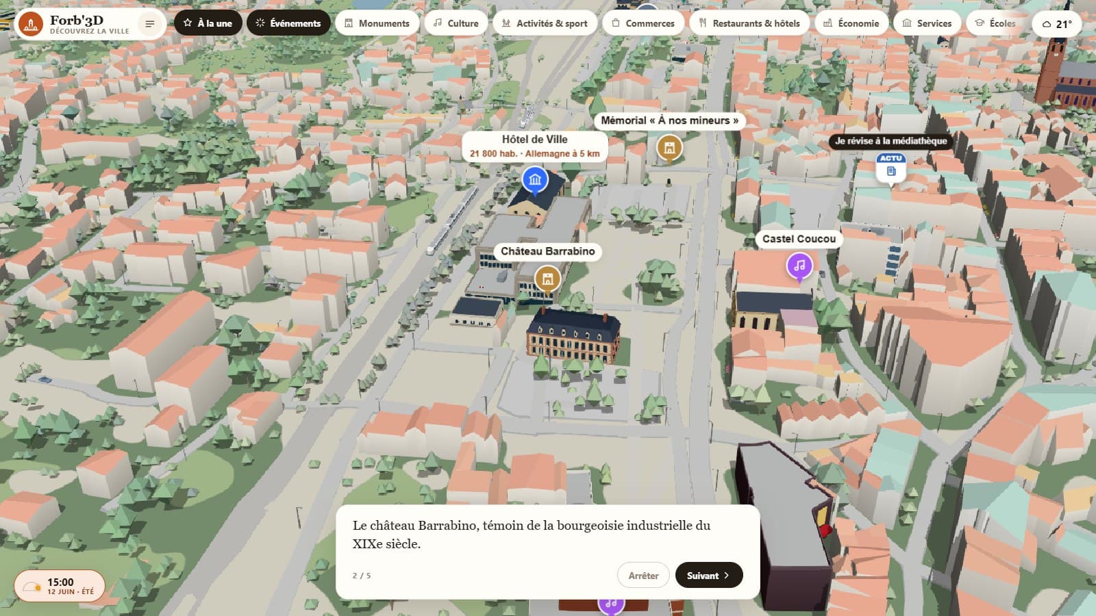 Visite guidée du patrimoine de Forbach en 3D, avec narration étape par étape