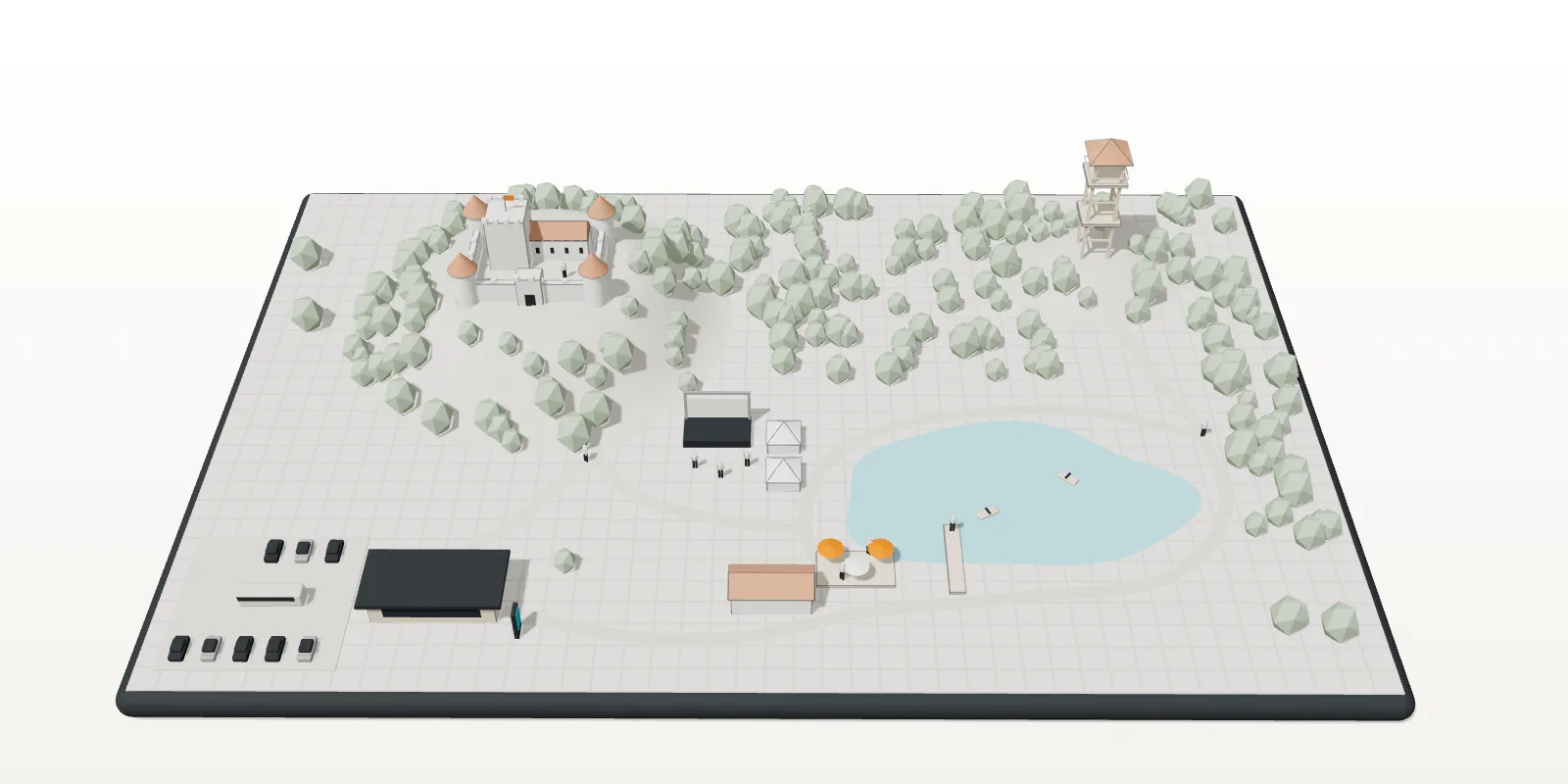 Maquette 3D d’un site touristique : château sur sa colline, lac et terrasse, scène d’événements, belvédère en forêt, accueil et parking