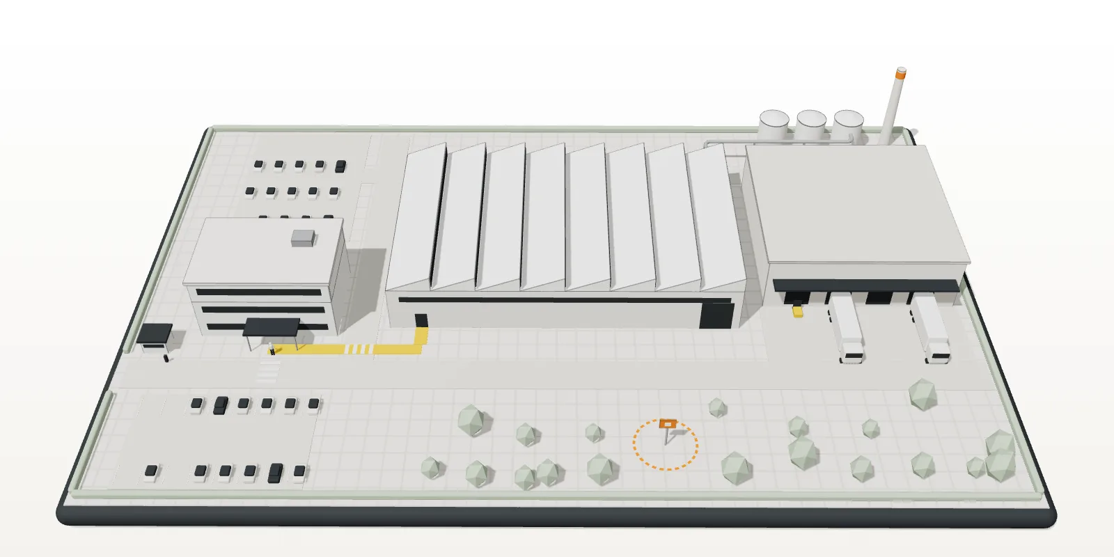 Maquette 3D d’un site industriel : entrée et parkings, bureaux, atelier de production, entrepôt et quais de livraison, point de rassemblement