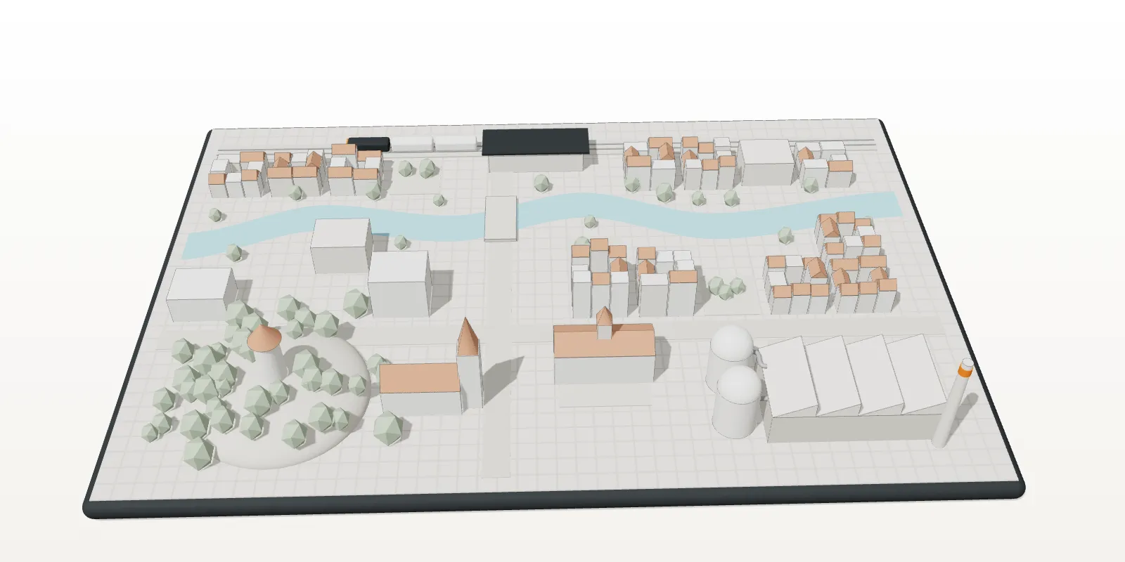 Maquette 3D d’une ville : centre, rivière, église, mairie, colline boisée, gare et zone d’activité