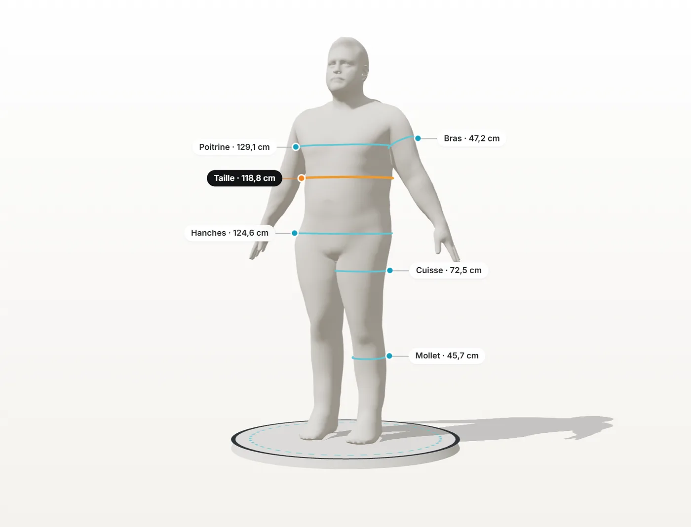 Jumeau virtuel 3D d’un corps scanné, entouré d’anneaux de mesure à la poitrine, à la taille, aux hanches, au bras, à la cuisse et au mollet