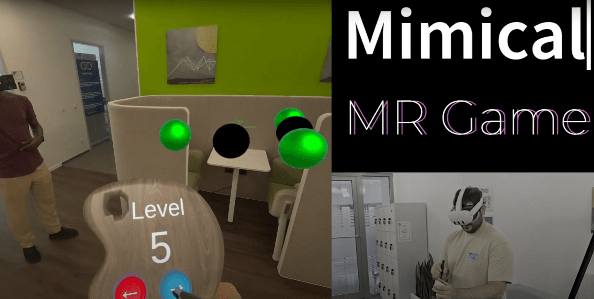 Mimical, jeu en réalité mixte sur Meta Quest 3 : sphères virtuelles dans un bureau réel et joueur avec le stylet Logitech MX Ink