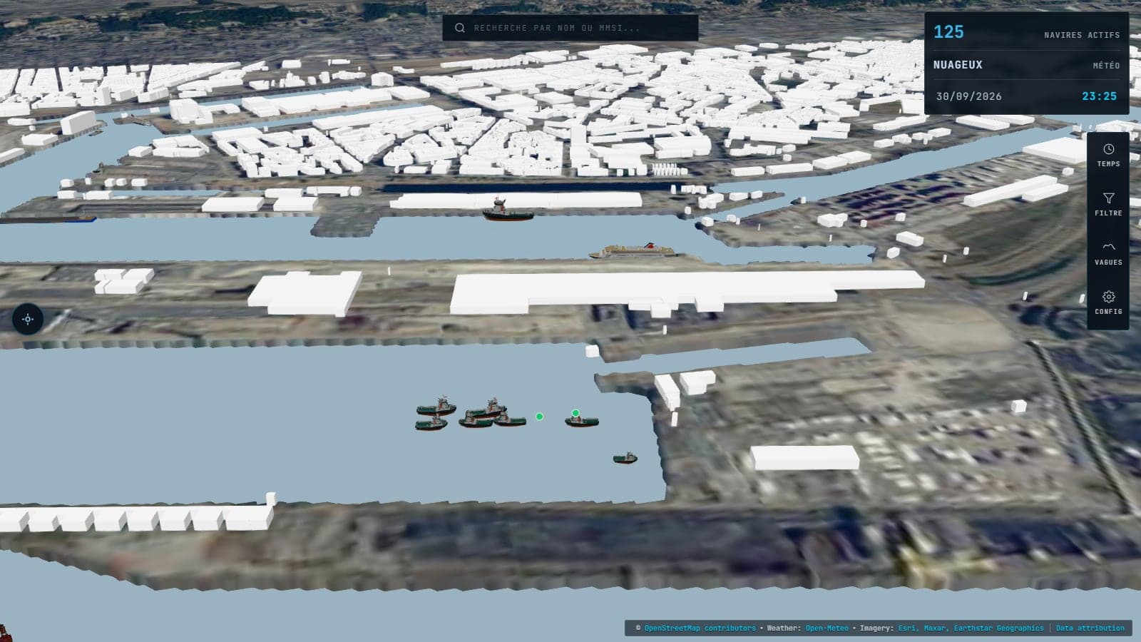 S-WiNG 3D : remorqueurs, pilotines et navire à quai dans le port du Havre, chacun à sa position réelle