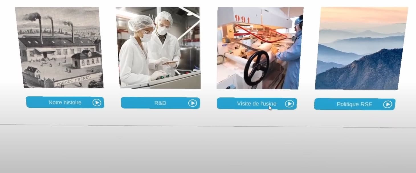 Menu de la visite virtuelle WebXR d’une usine : histoire, R&D, visite de l’usine, politique RSE